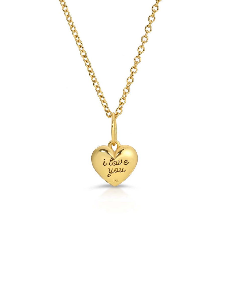 gold puff heart necklace with cursive 'i love you' on the back