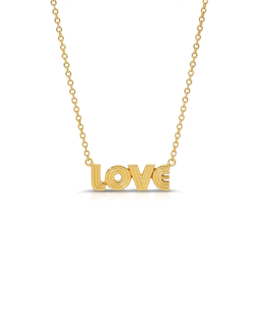 gold retro block letter chain necklace that says 'LOVE'