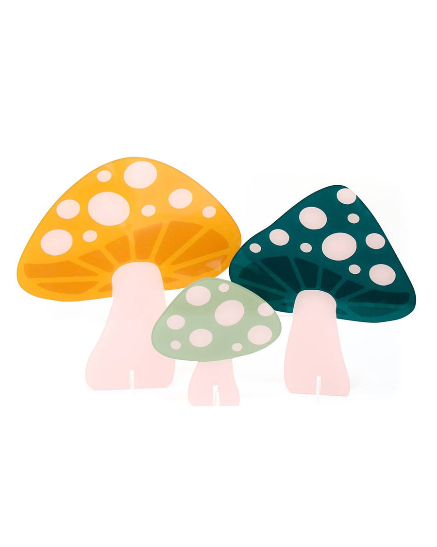 set of three acrylic mushrooms in mustard, teal and light green