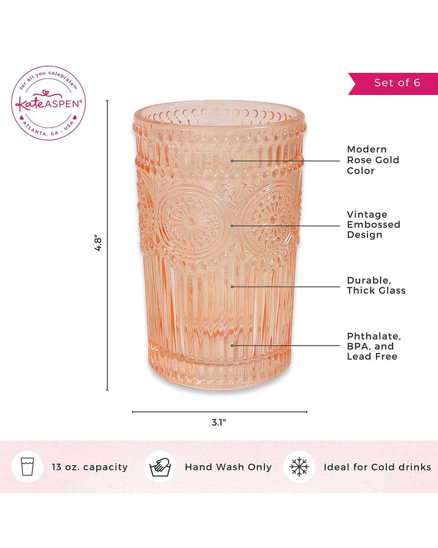 rose gold, vintage embossed design, thick glass, lead free, 13 oz, hand wash, cold drinks only