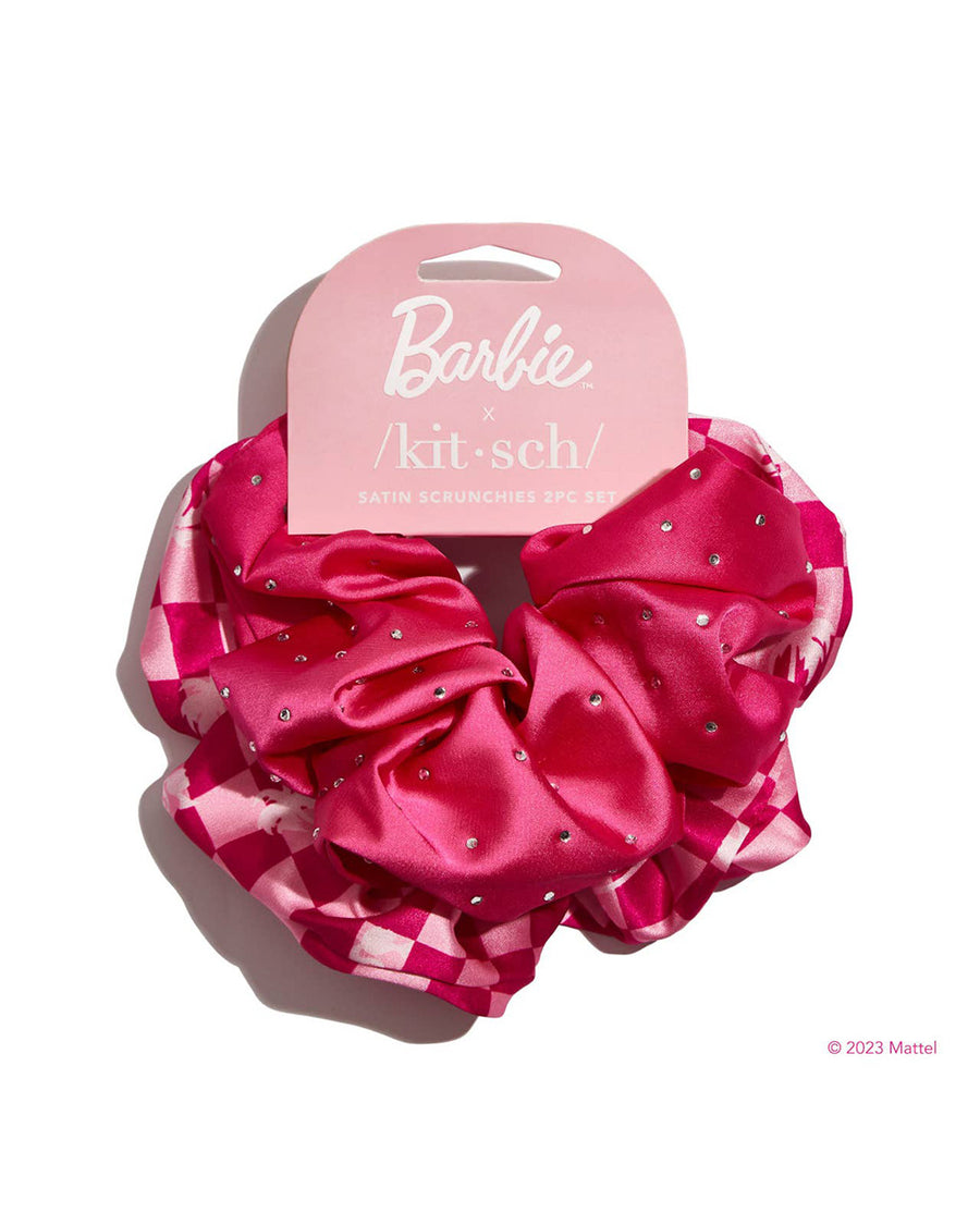 satin scrunchies set of 2: hot pink with rhinestones and light and hot pink checkered with light pink palm tree print