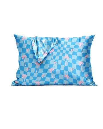 satin pillowcase set with light and dark blue checker print with light pink palm tree design
