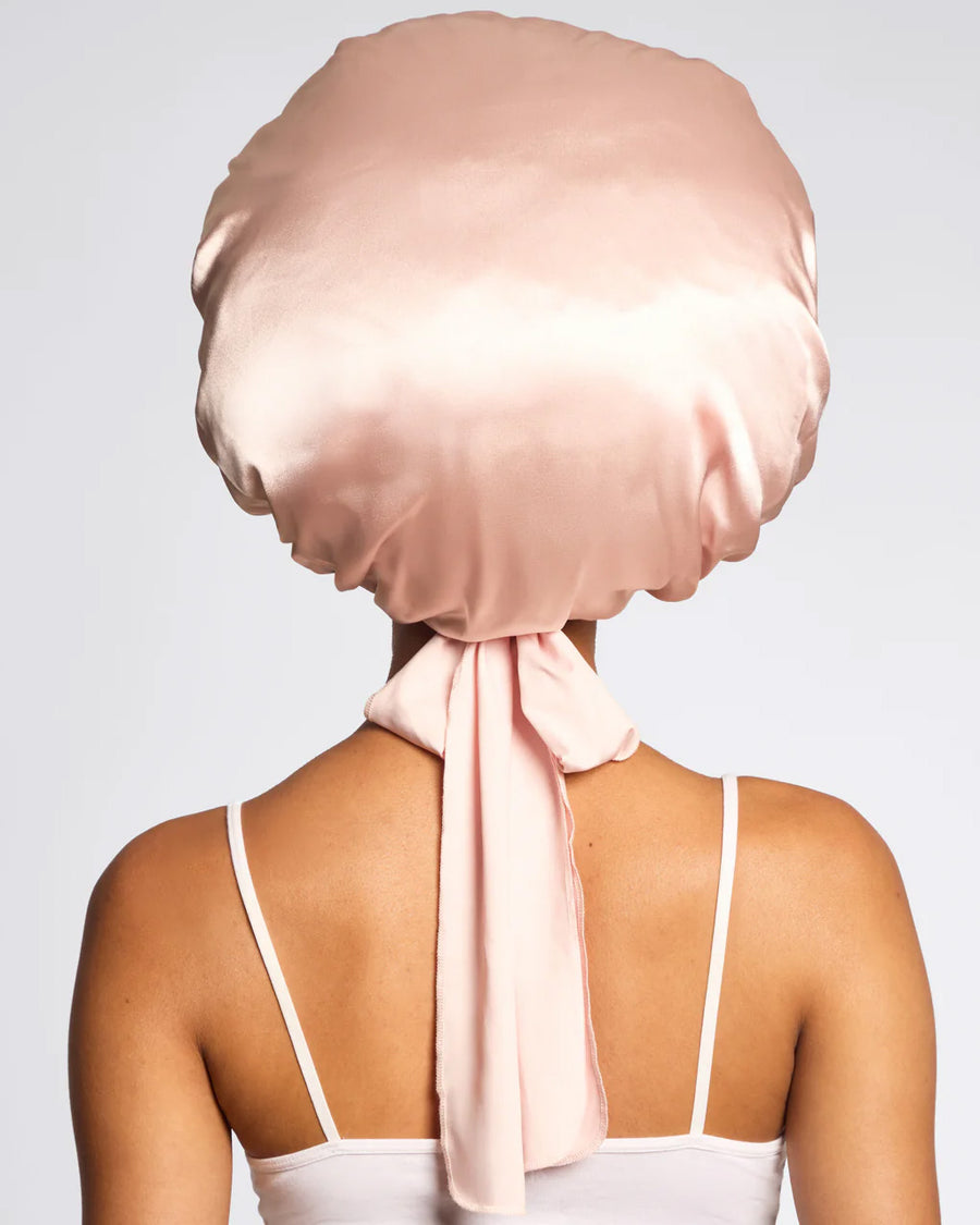 back view of pink satin oversized satin bonnet 