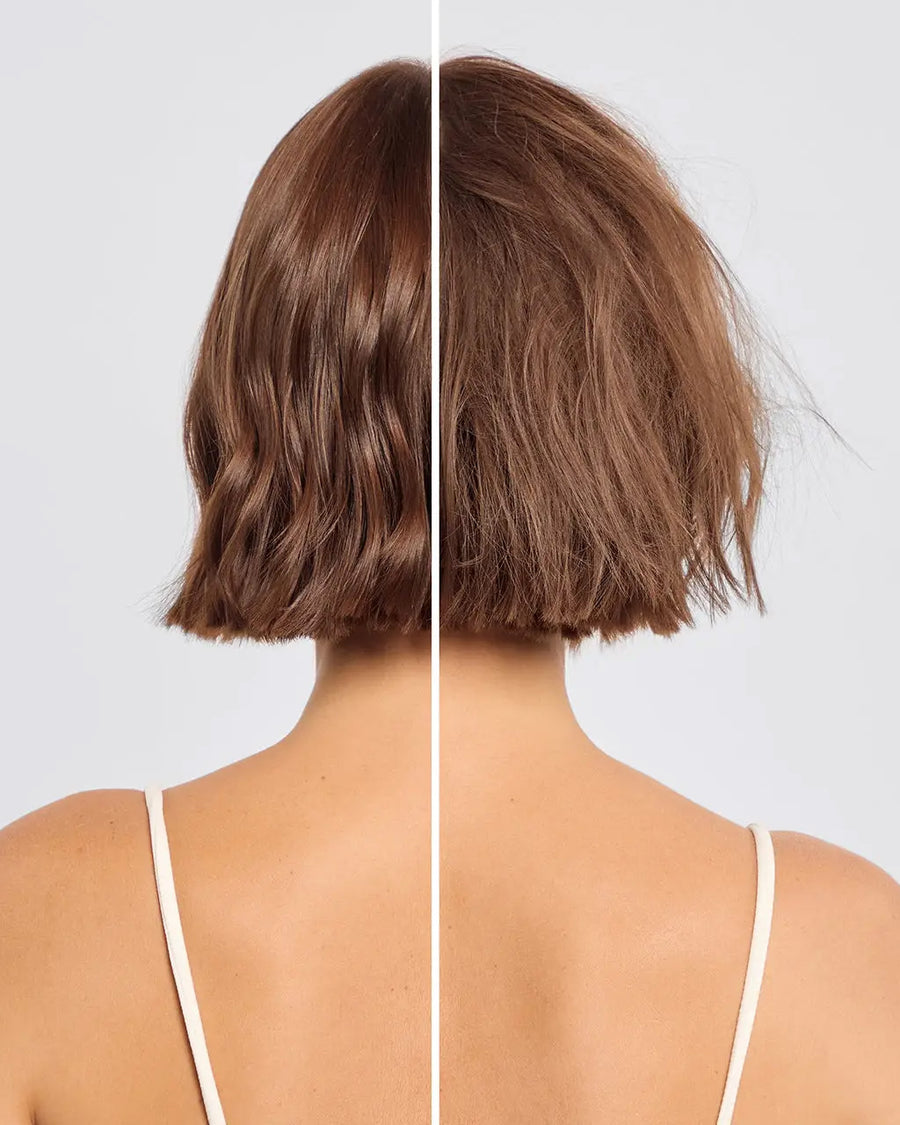models before and after after using Pirming Argan Oil Heat Protectant & Styling Mist