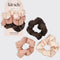 light pink, mauve, and brown puffy cloud scrunchie set with scrunchies scattered