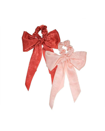 set of two satin bow scrunchies in light pink and red