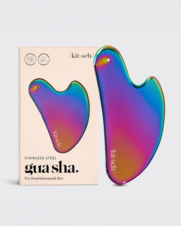 Iridescent stainless steel gua sha and packaging