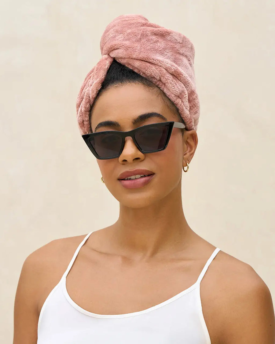 model wearing Terracotta Plush Microfiber Hair Towel