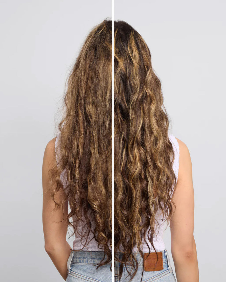 side by side of models long hair before and after using Texturizing Sea Salt Spray