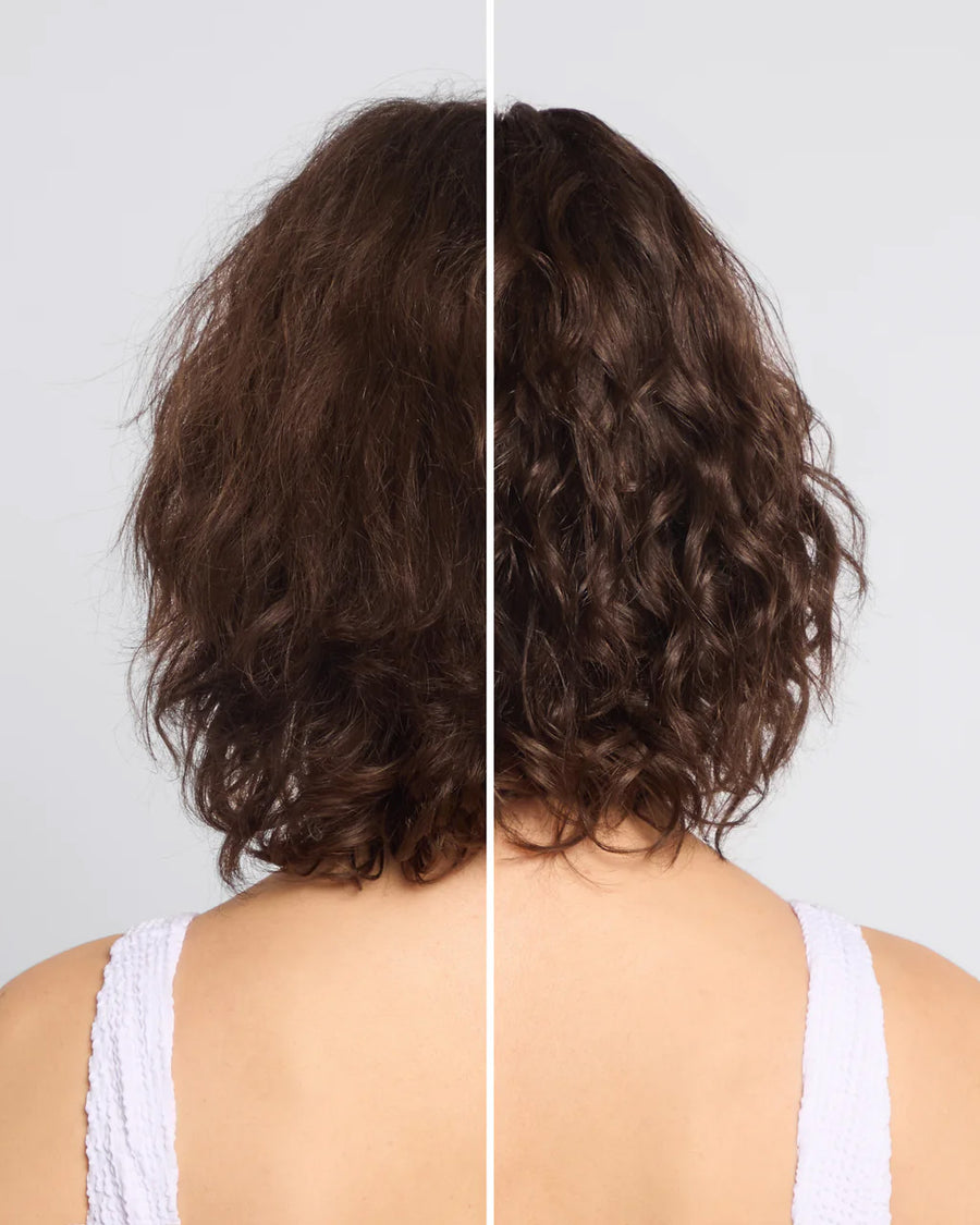 side by side of models short hair before and after using Texturizing Sea Salt Spray