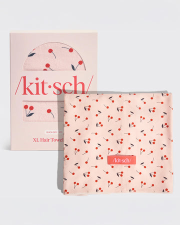 light pink large absorbent XL hair towel with all over cherry print