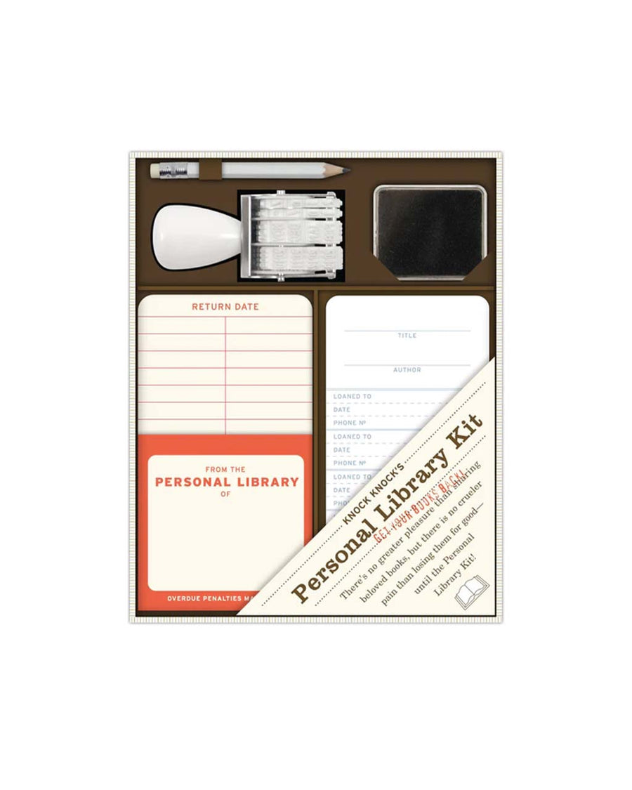 packaged personal library kit: 20 self-adhesive pockets and checkout cards, date stamp and inkpad, pencil