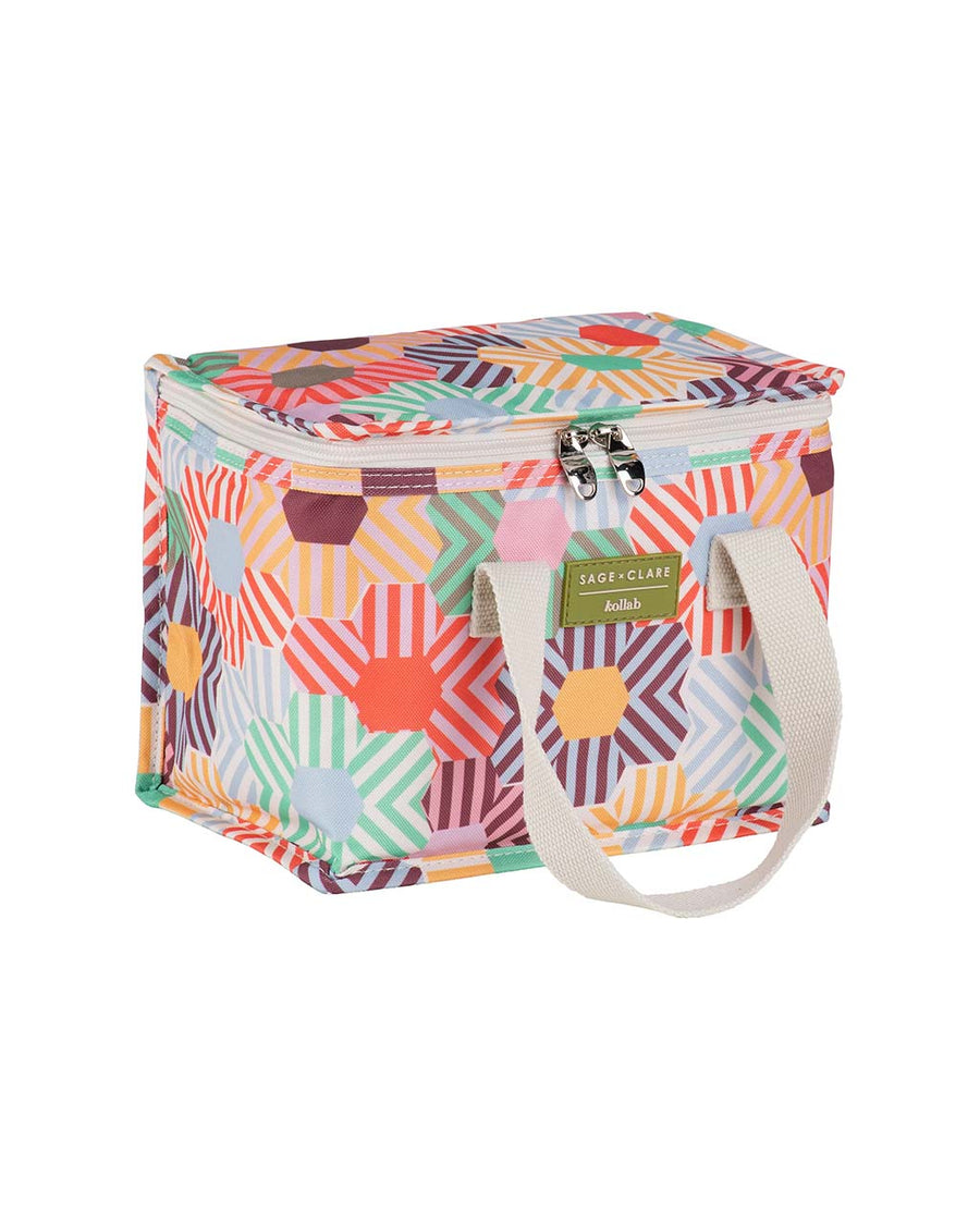 colorful patchwork print lunch box with cream straps