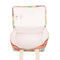 white interior of colorful patchwork print lunch box with cream straps