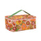 pink toiletry stash bag with pink, yellow, and orange 70's retro floral print and green strap