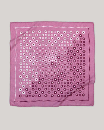 bright pink 22 in. x 22 in. square bandana with split white and plum floral print