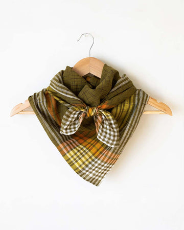knotted retro inspired dark green, yellow, and orange plaid scarf