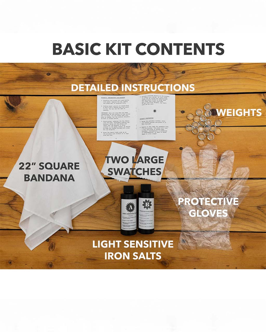 kit includes: instructions, 22 in. square bandana, weights, two large swatches, gloves, and light sensitive iron salts