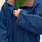 model zippering up relaxed denim jacket with longer length and tan corduroy collar