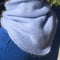 back view of model wearing light blue bandana