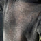up close of model wearing charcoal mohair crew neck sweater
