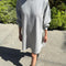 model wearing heather grey french terry swing dress