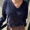 model wearing navy v-neck sweater