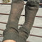 model wearing olive green mohair crew socks