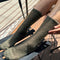 model wearing olive green mohair crew socks