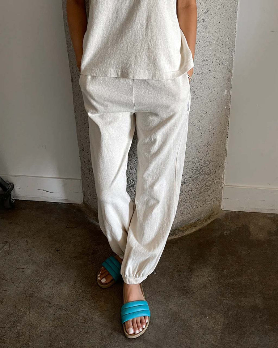 model wearing natural cotton balloon pants and matching tee