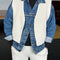 model wearing cream granny sweater vest with open front and denim jacket