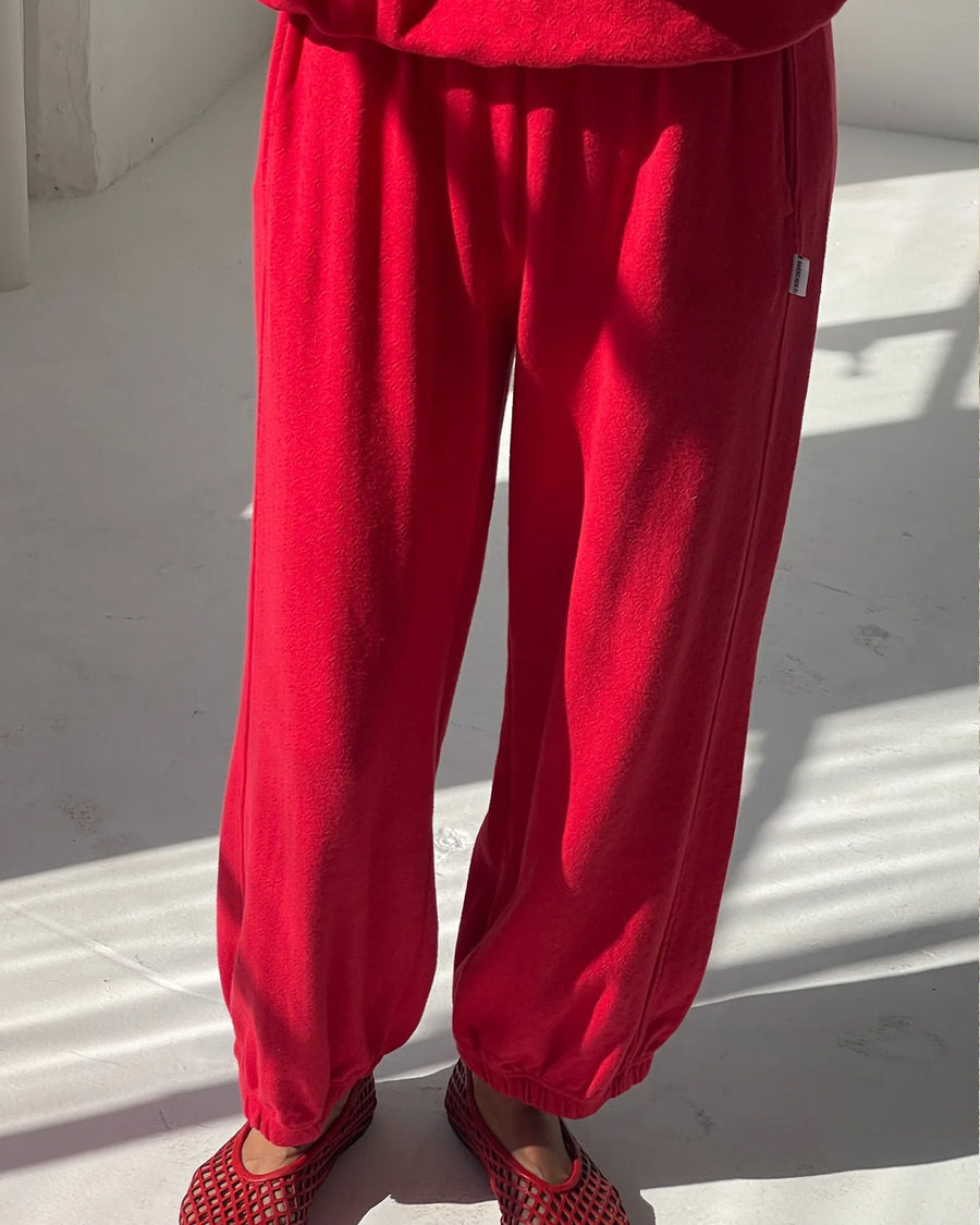 model wearing red apple pointelle balloon pants