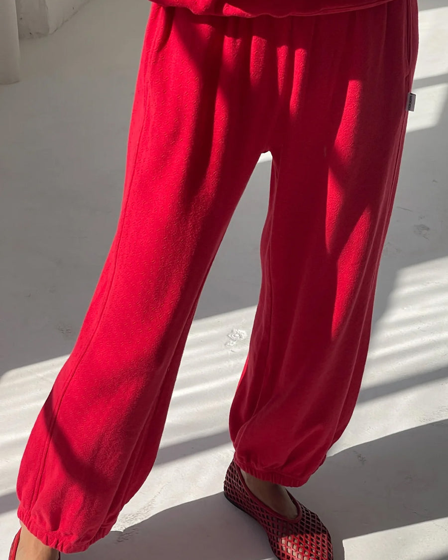 model wearing red apple pointelle balloon pants