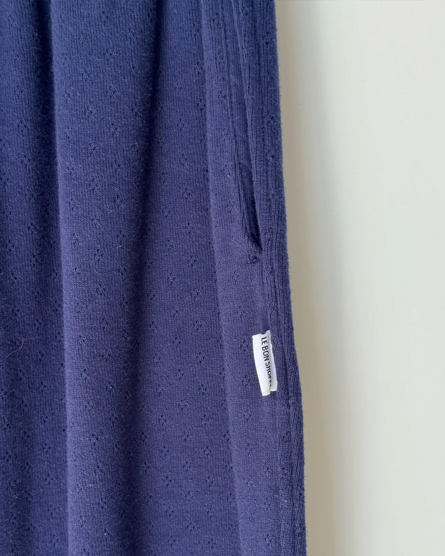 up close of navy pointelle jogger pants