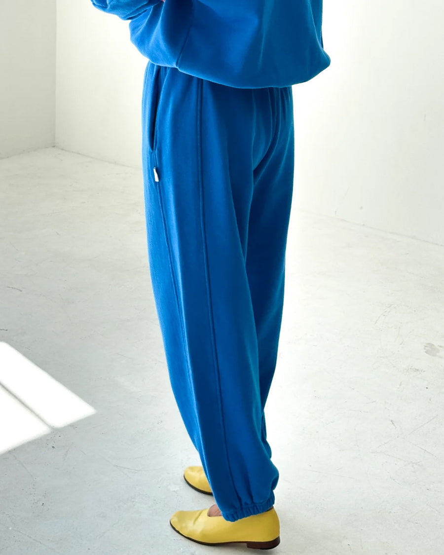back view of model wearing lagoon blue french terry balloon pants with side pockets and side panels