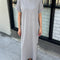 model wearing heather grey relaxed fit t-shirt maxi dress