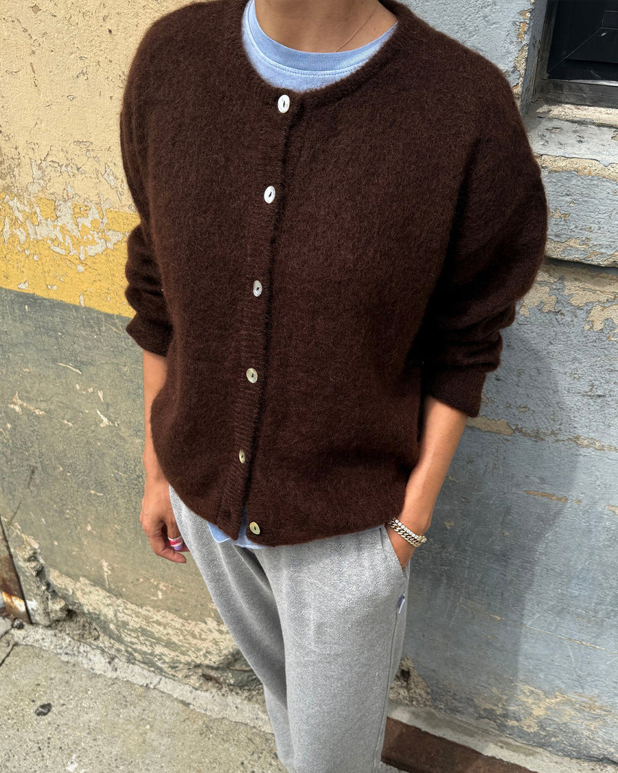 front view of model wearing cocoa brown mohair cardigan