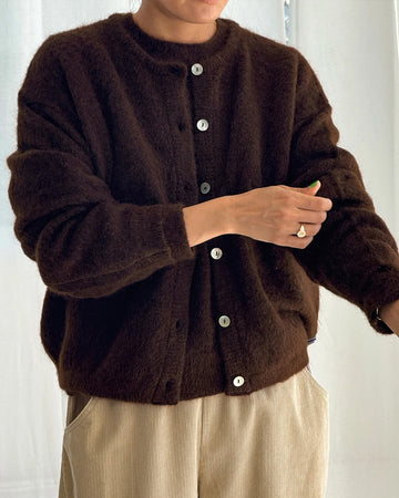 model wearing cocoa brown mohair cardigan