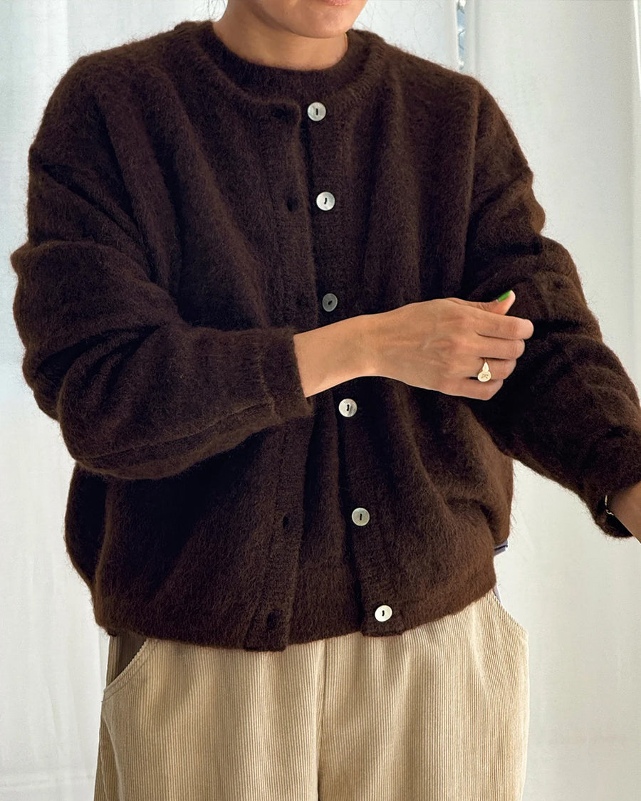 model wearing cocoa brown mohair cardigan
