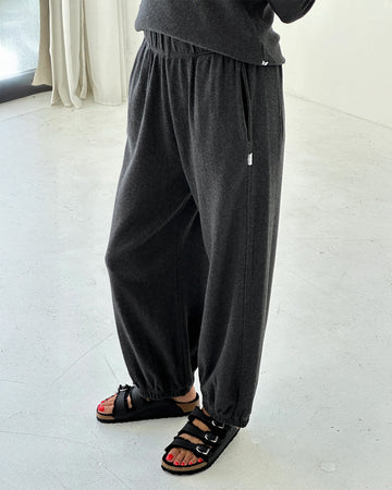 model wearing charcoal pointelle cotton balloon pants