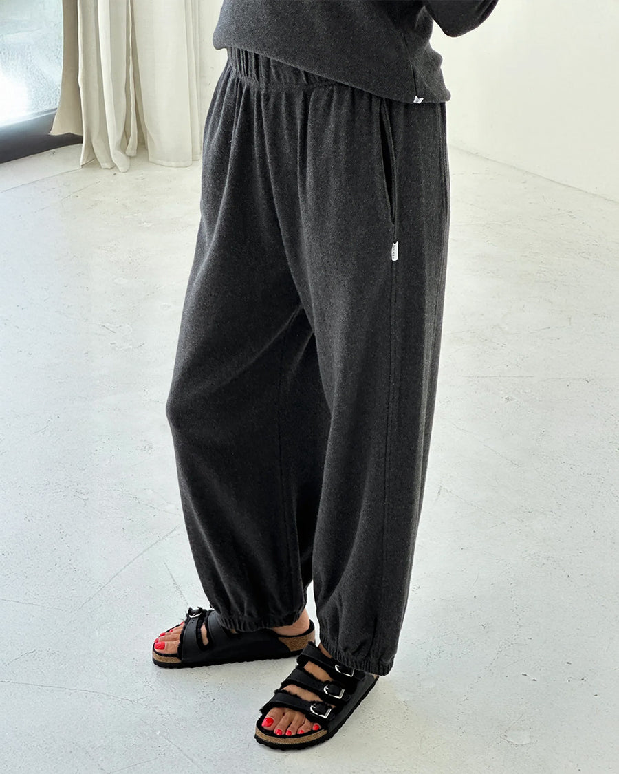 model wearing charcoal pointelle cotton balloon pants