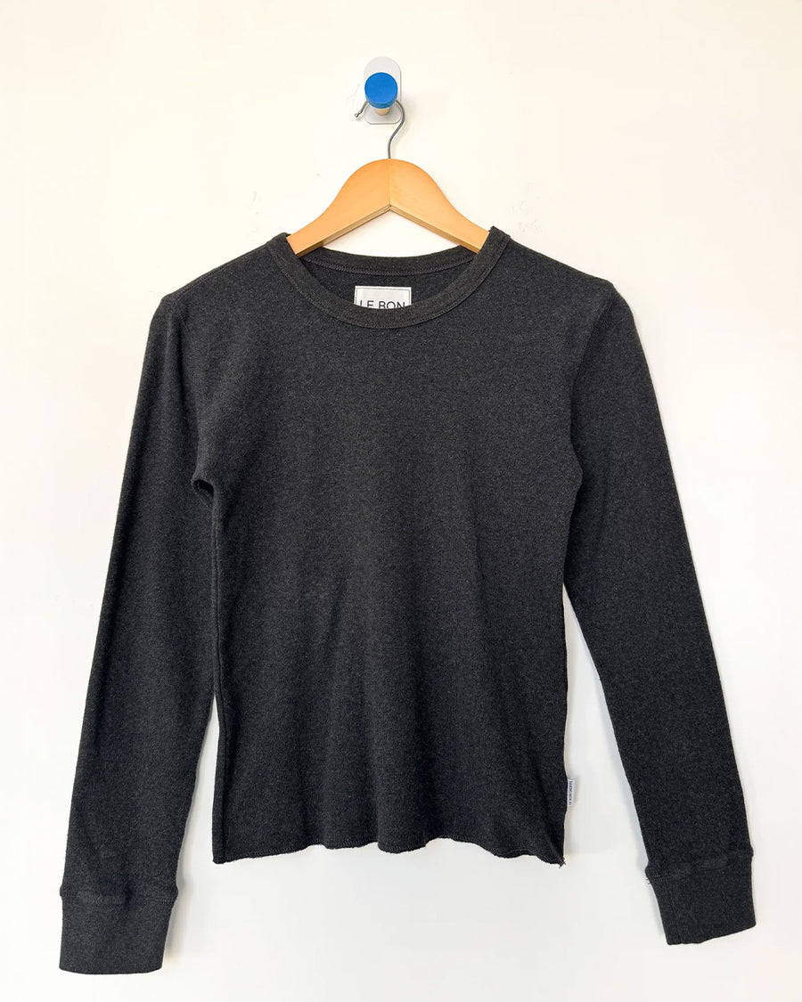 charcoal pointelle long sleeve tee on a hanger