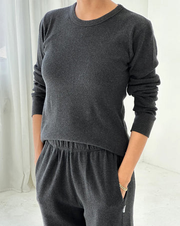 model wearing charcoal pointelle long sleeve tee