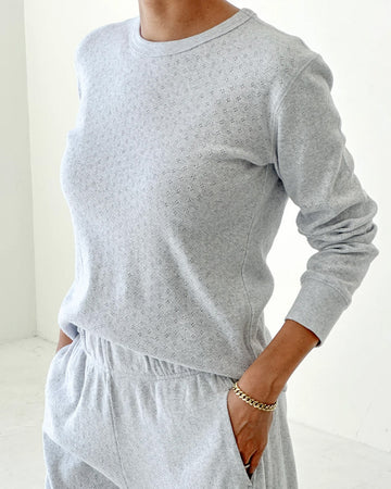 model wearing icy grey pointelle long sleeve tee