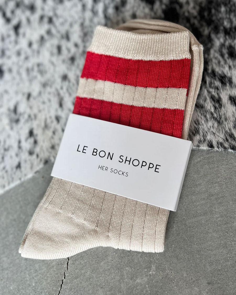 cream crew socks with two red stripes