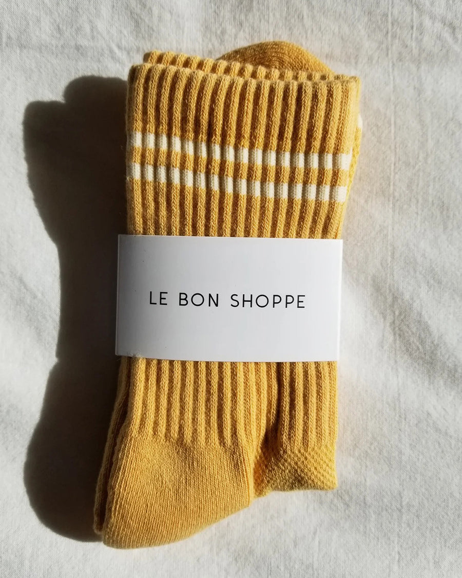 packaged butter ribbed socks with cream stripes