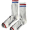white ribbed socks with red and blue stripes