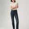 model wearing dark denim wedgie slim fit jeans