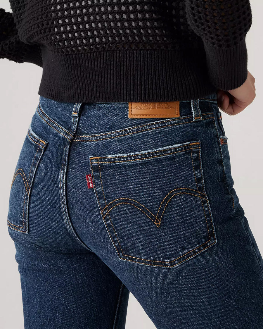 up close of back pocket dark wash wedgie straight jeans