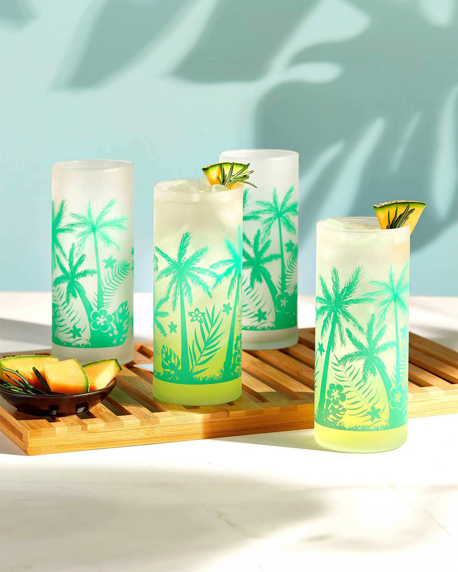 set of 4 glasses with mint vintage palm tree print